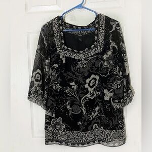 Alfani Silk‎ Black and White Floral Square Neck 3/4 Sleeve Blouse Sz 6